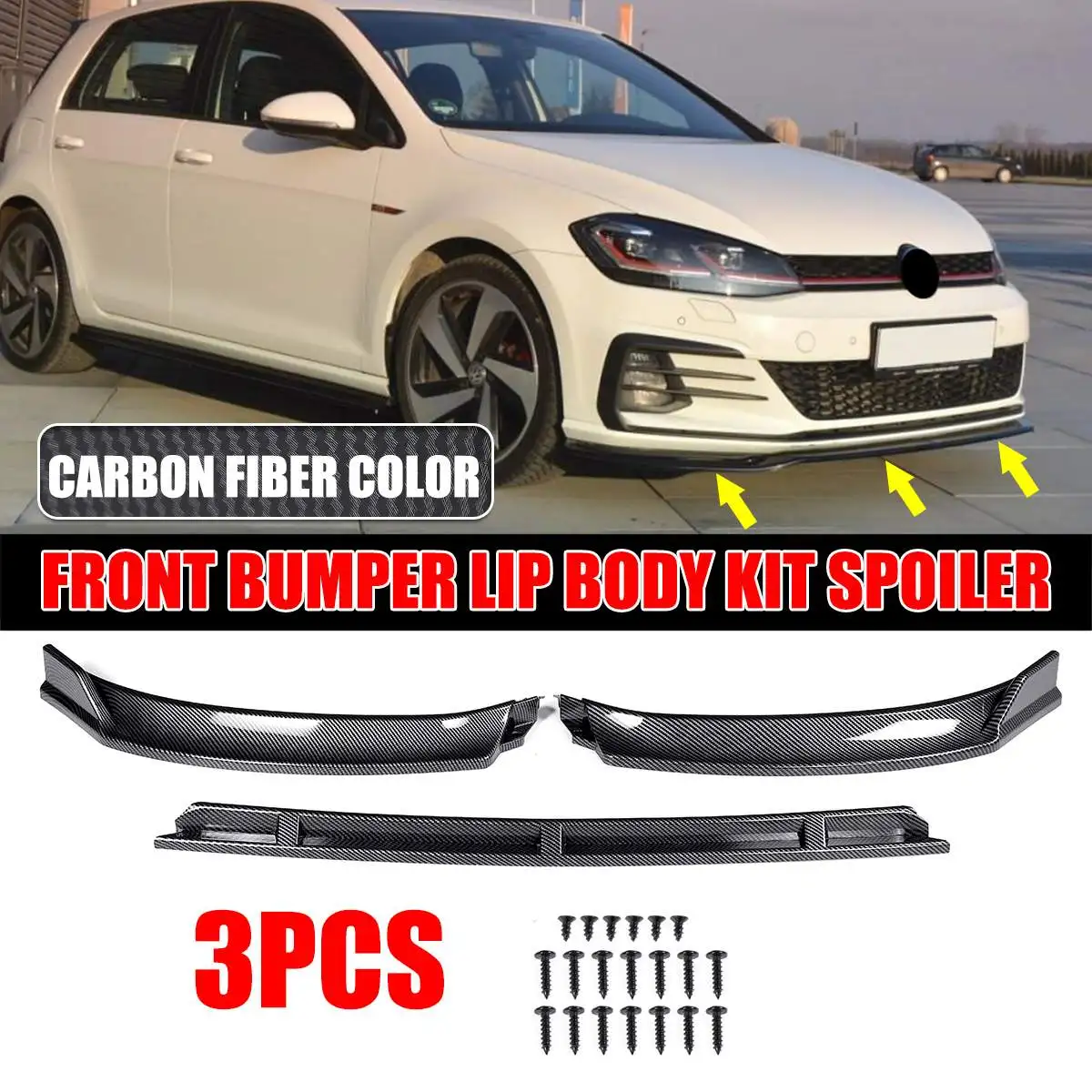 

3Pcs Carbon Fiber / Matte Glossy Black ABS Front Bumper Lip Spoiler Diffuser Lips For VW Golf MK7 2014-2017