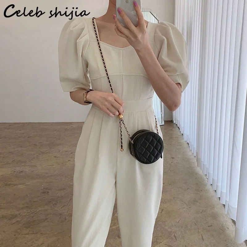 

Gray Chic Jumpsuit Women 2022 Summer Square Neck Puff Sleeve High Waist Overalls Women Rompers Elegant Korean Beige Jump Suit