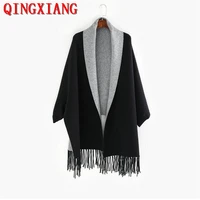2022 autumn black with grey tassel scarf winter knitted poncho women batwing sleeves shawl knitwear two color streetwear cloak