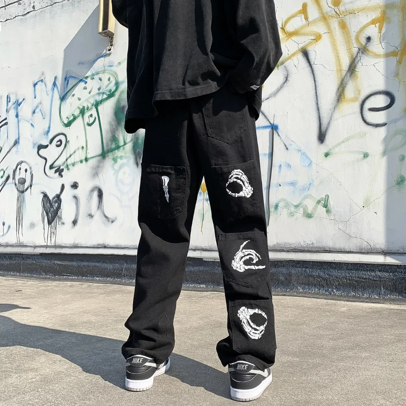 Y2k Emo Mens Black Harajuku Streetwear Alt Jeans Straight Fairy Grunge Wide Leg Pants Denim Trousers High Waist Oversize Clothes