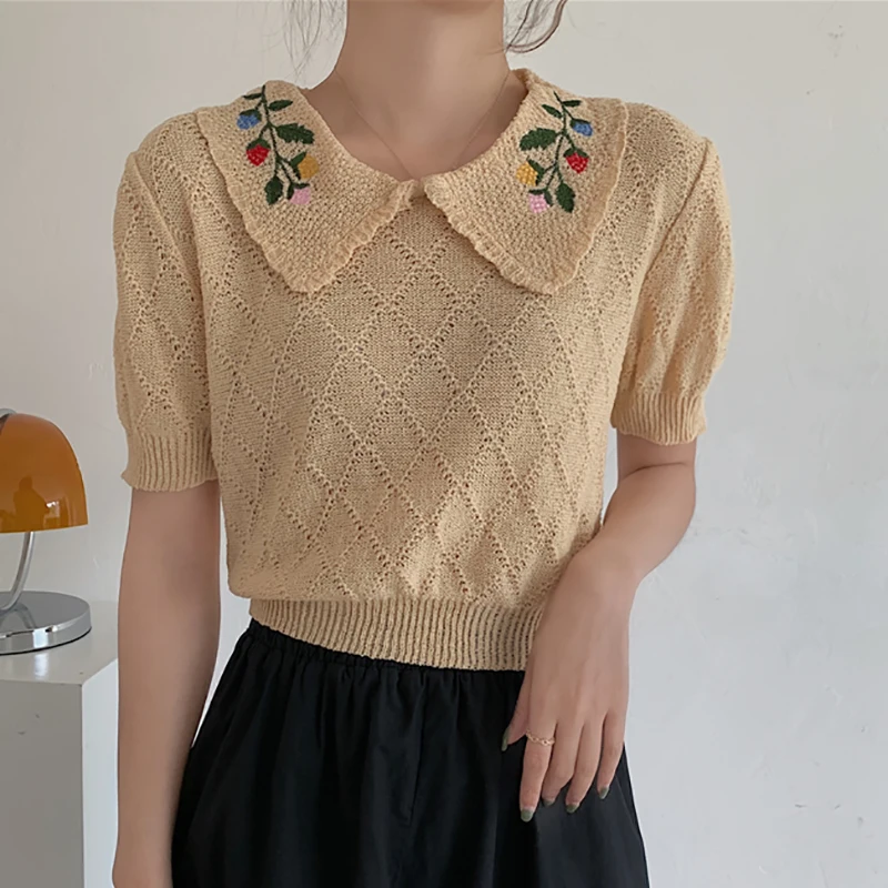 

Thin Knitted Tee Shirt Embroidery T Shirt Women Hollow Out T Shirts Tops Womens Clothes Korean Style Camisetas Mujer Summer 2022