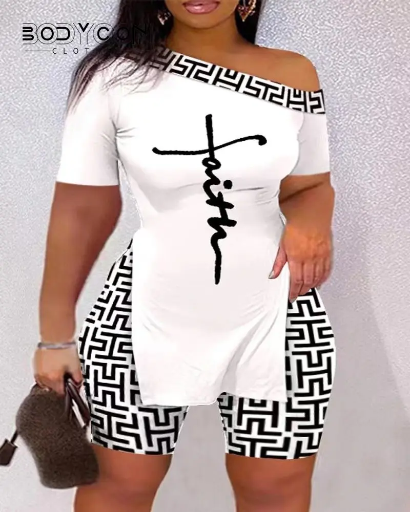 

Женский брючный костюм из двух предметов, Повседневная футболка с открытыми плечами и шорты с принтом, костюм большого размера из двух предметов для лета