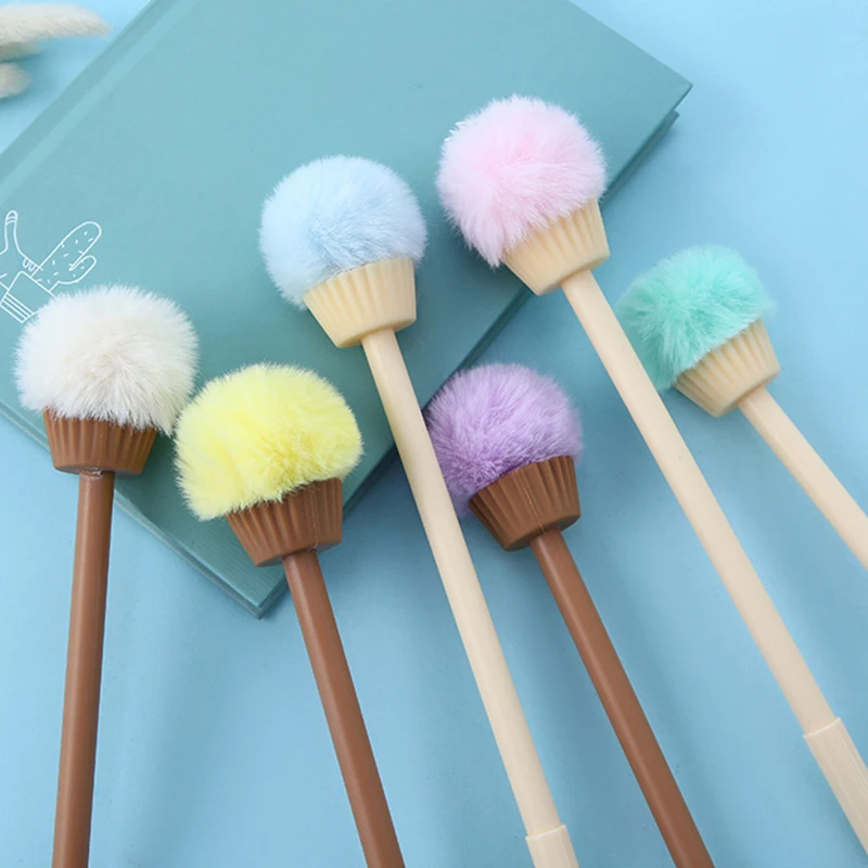 12Pcs Fancy Fur Food Plush Pom Ball Pens Fluffy Ice Cream Cone Funny Gel Pen Cute Kawaii Ballpoint Girl Women Kids Stationery