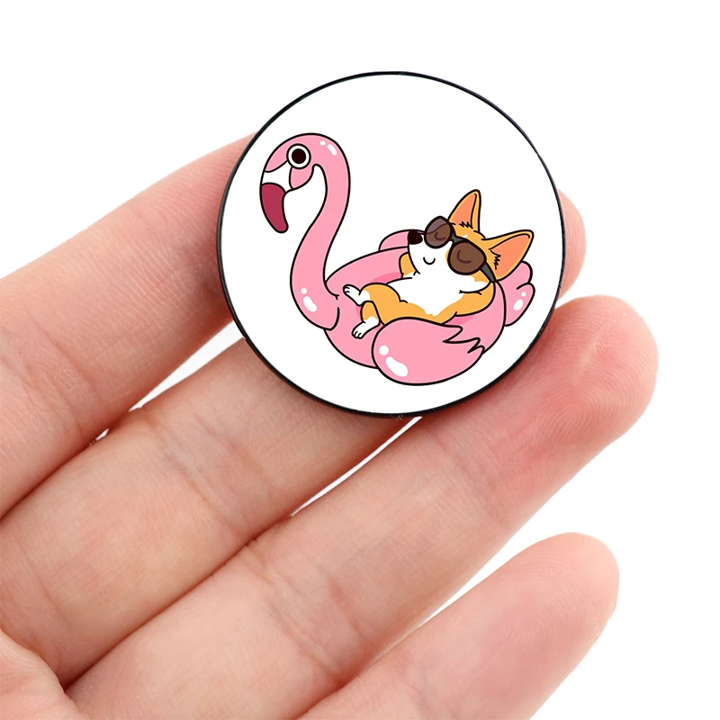 

Corgi and Flamingo Pool Float Pin Custom vintage Brooches Shirt Lapel teacher Bag Cute Badge Cartoon pins for Lover Girl Friends