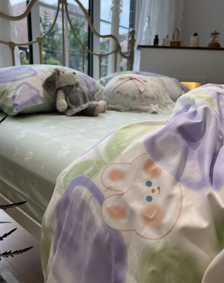 

Комплект постельного белья с милым мультяшным кроликом тюльпанами, милый зеленый хлопковый двойной полный Королевский домашний текстиль, ...