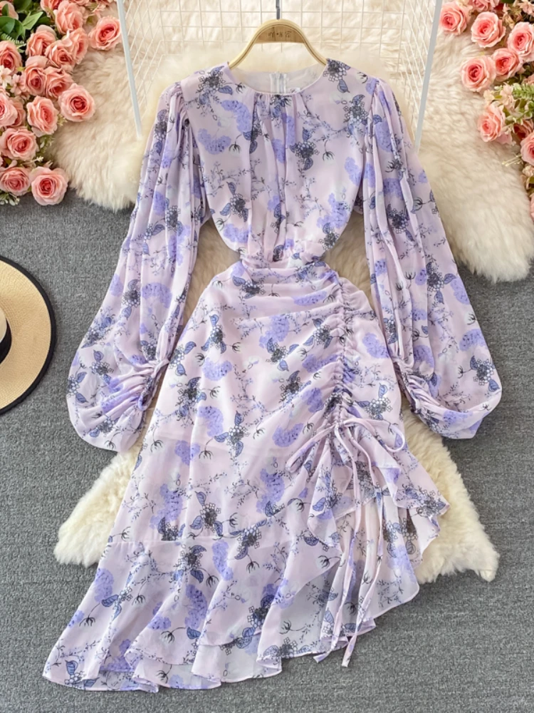 

Spring Autumn Chiffon Dress Women Irregular Drawstring Puff Sleeves Floral Party Dresses Ladies Elegant Ruffles Beach Dress