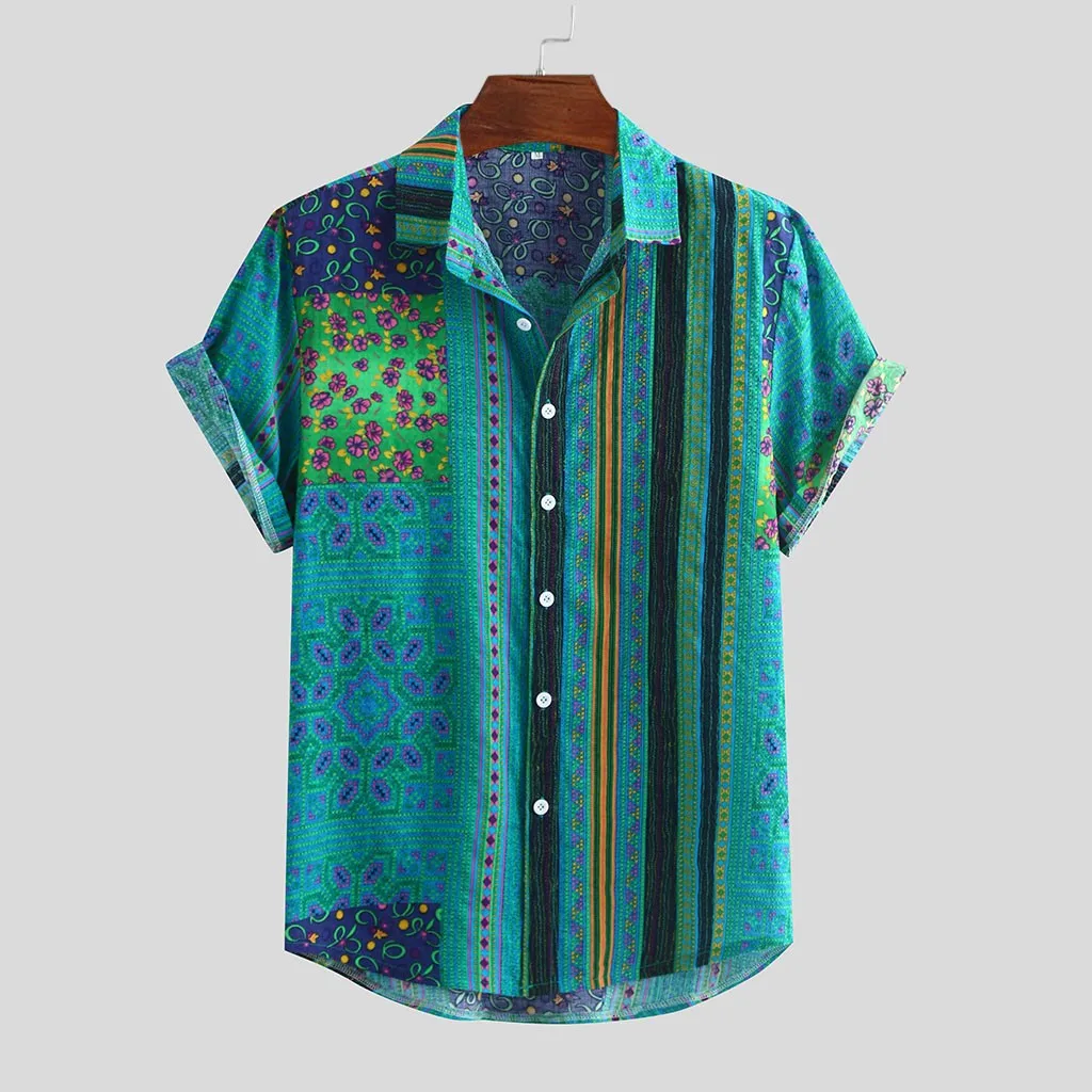 

Colorful Loose Buttons Sleeve Men's Casual Stripe Blouse Shirt Summer Short Men's blouse Flannel Dress Shirt Men