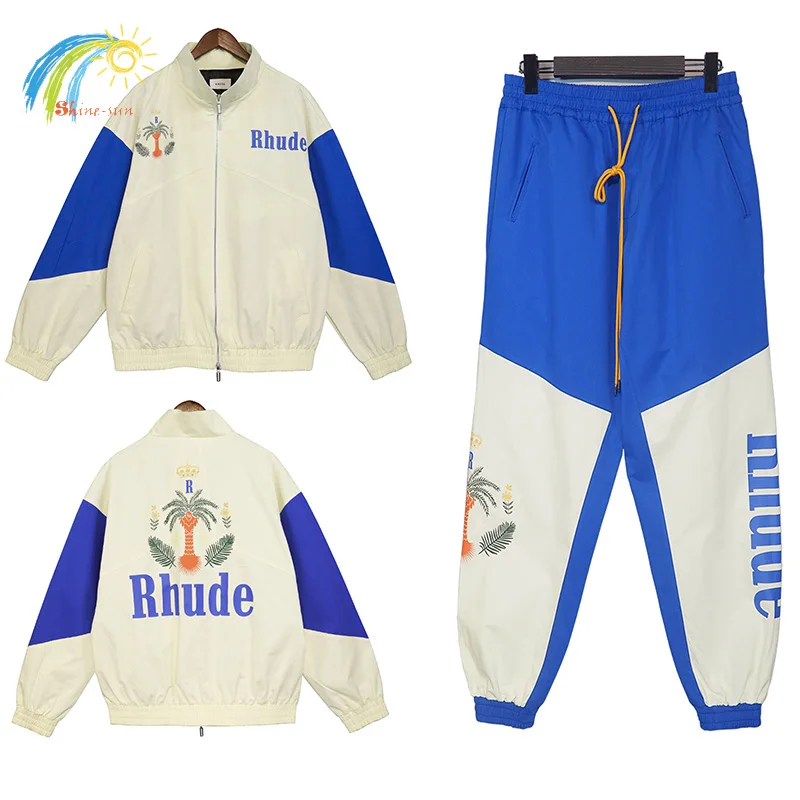 

Hip Hop Casual Loose Rhude Jacket Men Women 1:1 Top Quality Coconut Tree Printing Blue Patchwork Rhude Outwear Coats With Tags