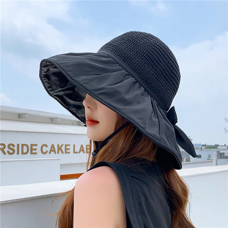 

Панама с большими полями для женщин, вязаная шляпа от солнца, складная, с защитой от ультрафиолета, для пляжа, путешествий, летняя