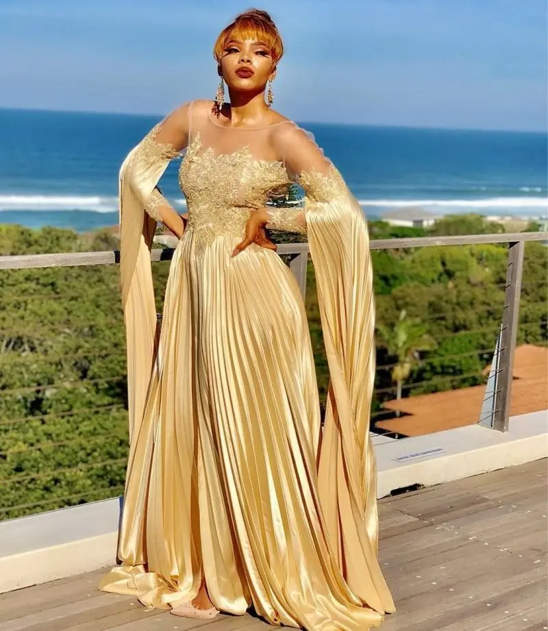 PLEINDI Luxury Evening Dresses O-Neck A-LINE Long Sleeves Floor-Length Chiffon 2022 New of Ruched Exquisite Prom Women Dress