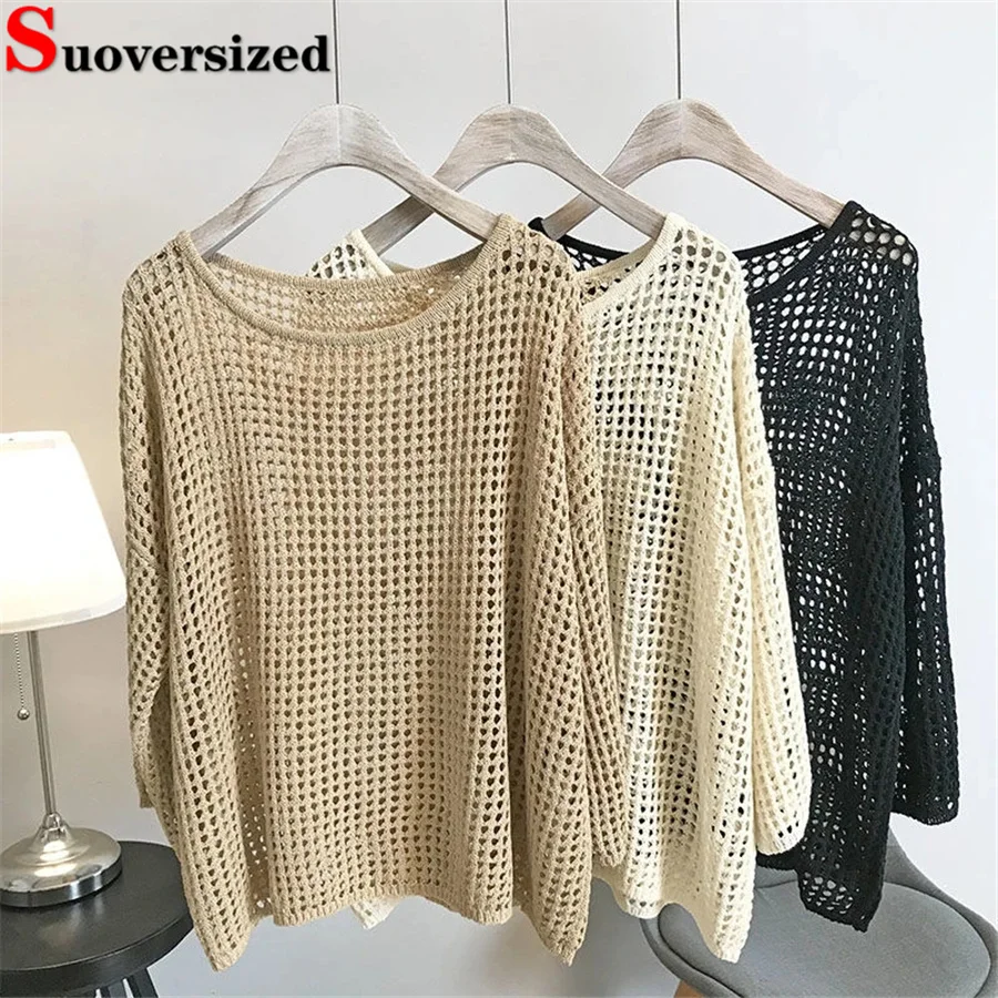

Summer knitted mesh sweater, hollow T-shirt, Korean long bat sleeve, O-neck top, sun protection T-shirt
