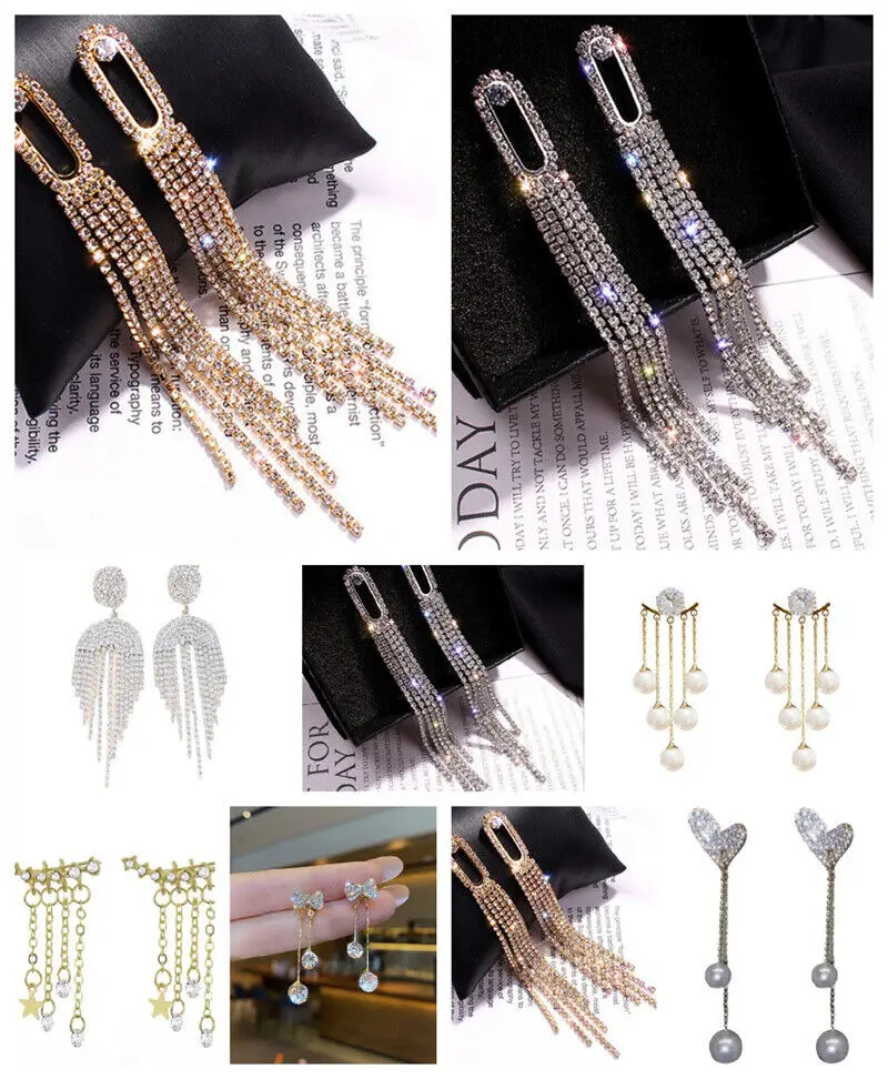 

Woman Long Tassel Earrings Fashion Pearl Crystal Ear Stud Punk Stud Earrings