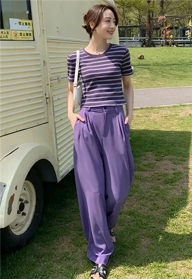 

Stripe T Shirt and Wide Leg Pants Purple Two Piece Set Women 2022 Summer Fashion Casual Short Sleeve Tops High Waist Outfit T12