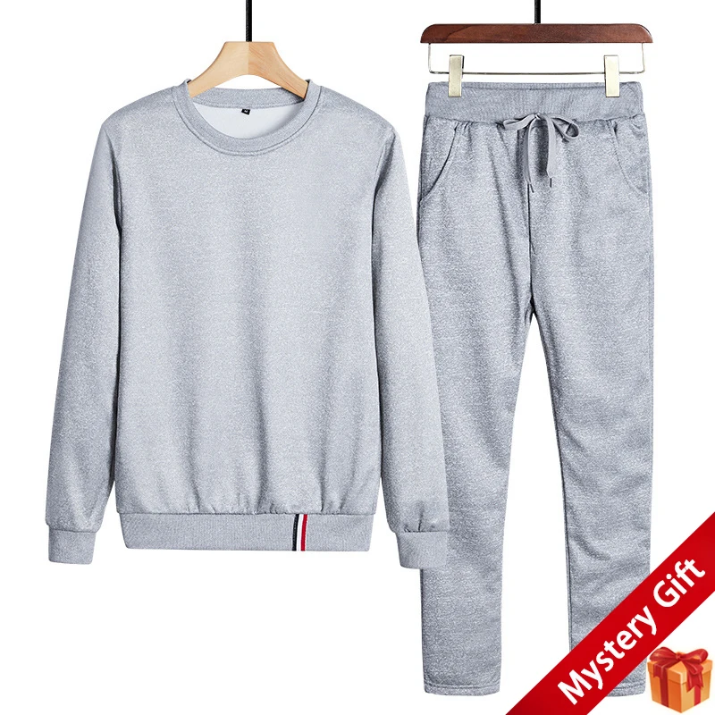 

Mens Solid Round Neck Sweatshirt+Sweatpants Plus size Two piece sets Casual Pullover Long-sleeved Velvet Tracksuit Clothing
