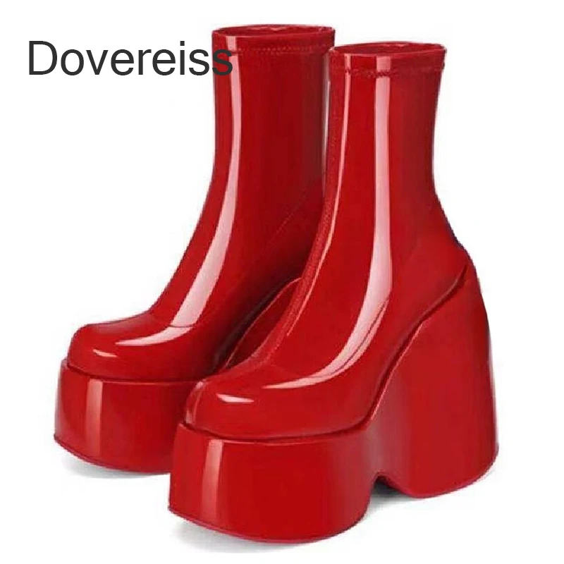 

Dovereiss 2022 Wedges Boots 6cm Platform white Short Ankle Boots Strange Style 14cm Height Red White Blue Stretch Boots 41 42 43