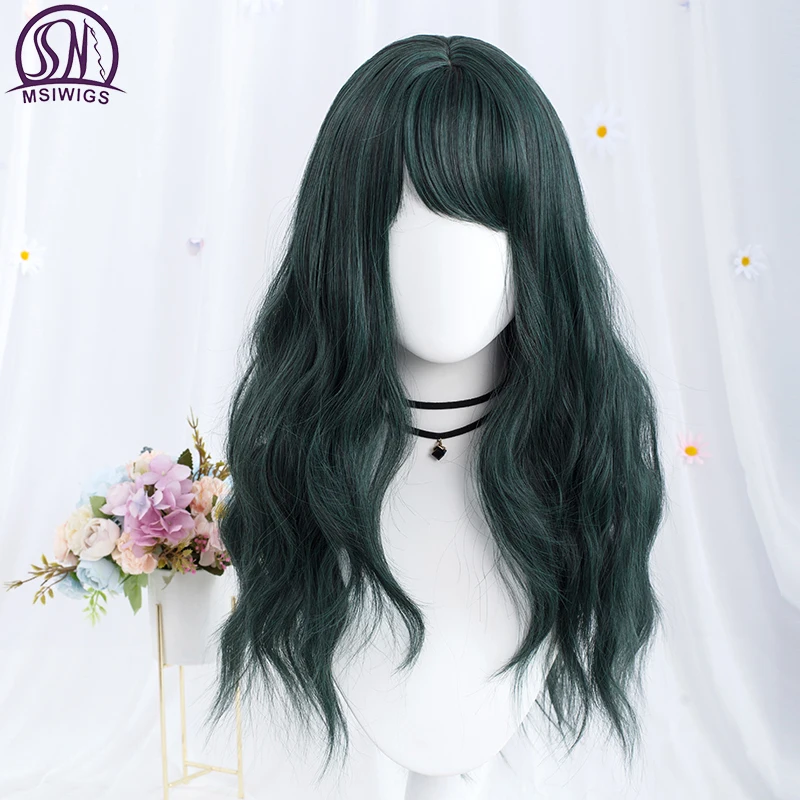 MSIWIGS Long Natural Wavy Green Synthetic Wigs Cosplay Lolita Harajuku Wig Heat Resistant Hair