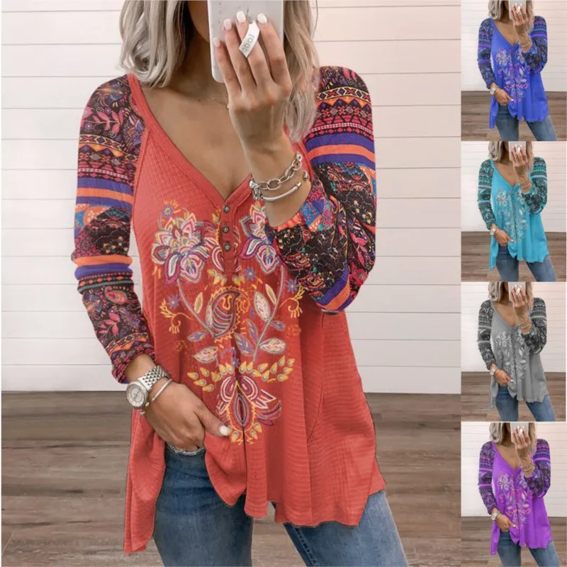 

Autumn/Winter Women's V-neck Pullover Print Long Sleeve Loose Tops Blusas De Mujer Camisetas Femininas Leisure Loose T-shirt