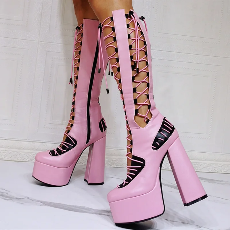 High Quality Closed Round Toe Cross-tied Chunky High Heel Summer Knee High Boots Metallic Silver Hollow Out Side Zip Long Boots