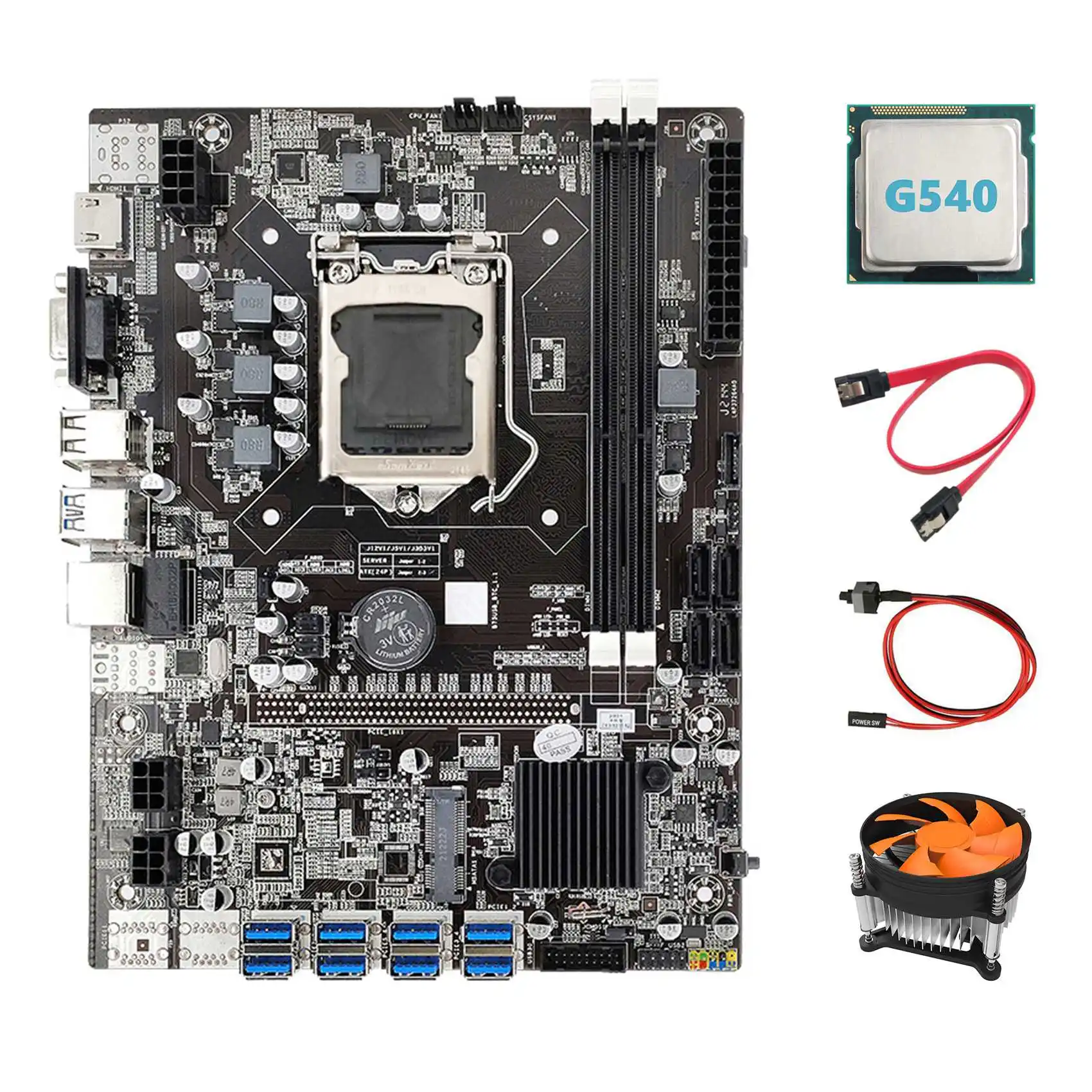 B75 ETH Mining Motherboard+G540 CPU+Fan+SATA Cable+Switch Cable LGA1155 8XPCIE USB Adapter MSATA DDR3 B75 Motherboard