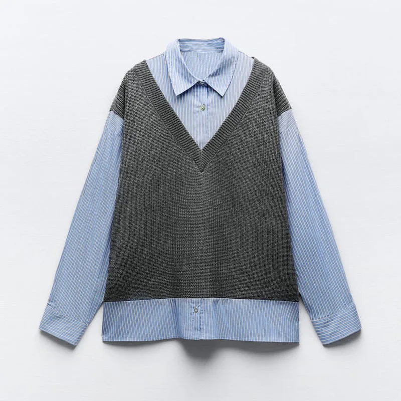 

Spliced Blouse Shirt Knit Long Sleeved Lapel Loose Knit Casual Vacation Two Piece College Minimalist Pullover