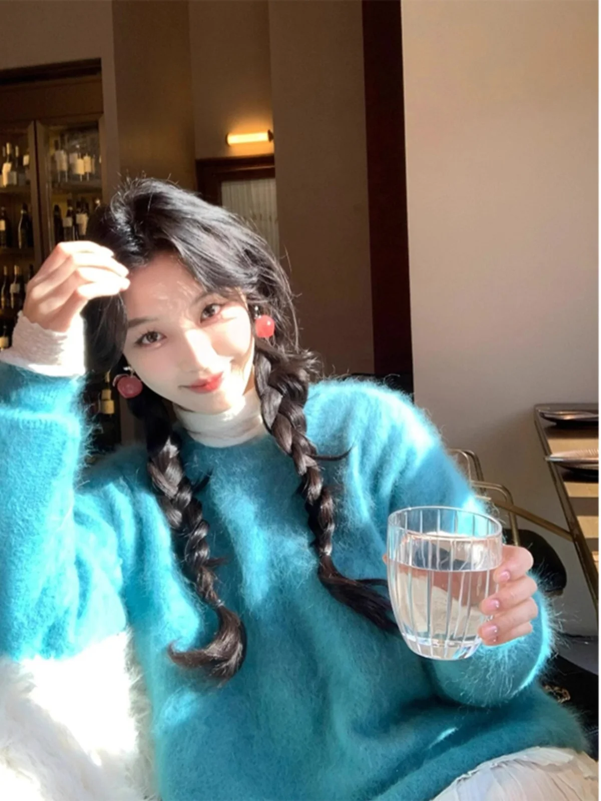Blue Faux Mink Velvet Pullover Sweater Women Winter Thick Soft Glutinous Milk Fufu Loose Lazy Furry Knit