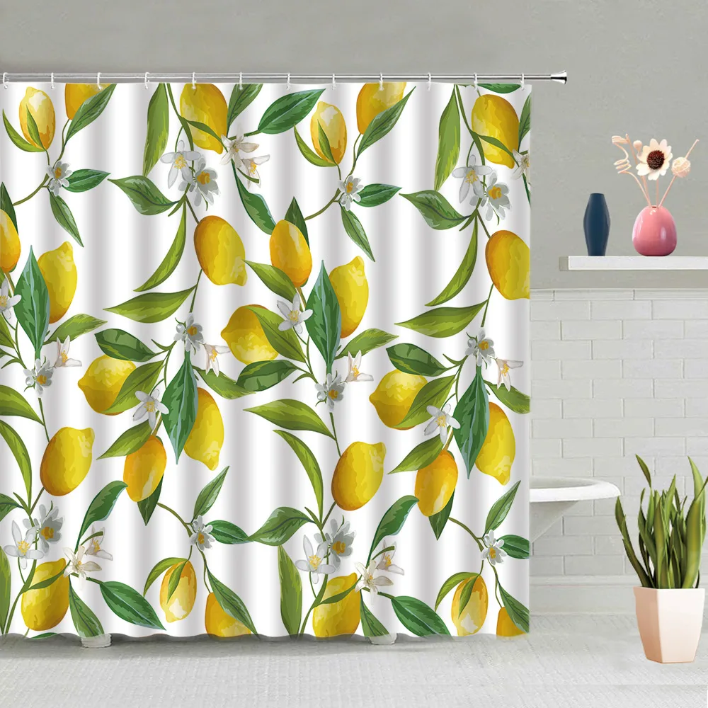 

Штора для душа с изображением лимона, акварельных растений, тропических фруктов, зеленых листьев, белых цветов, Современная занавеска из по...
