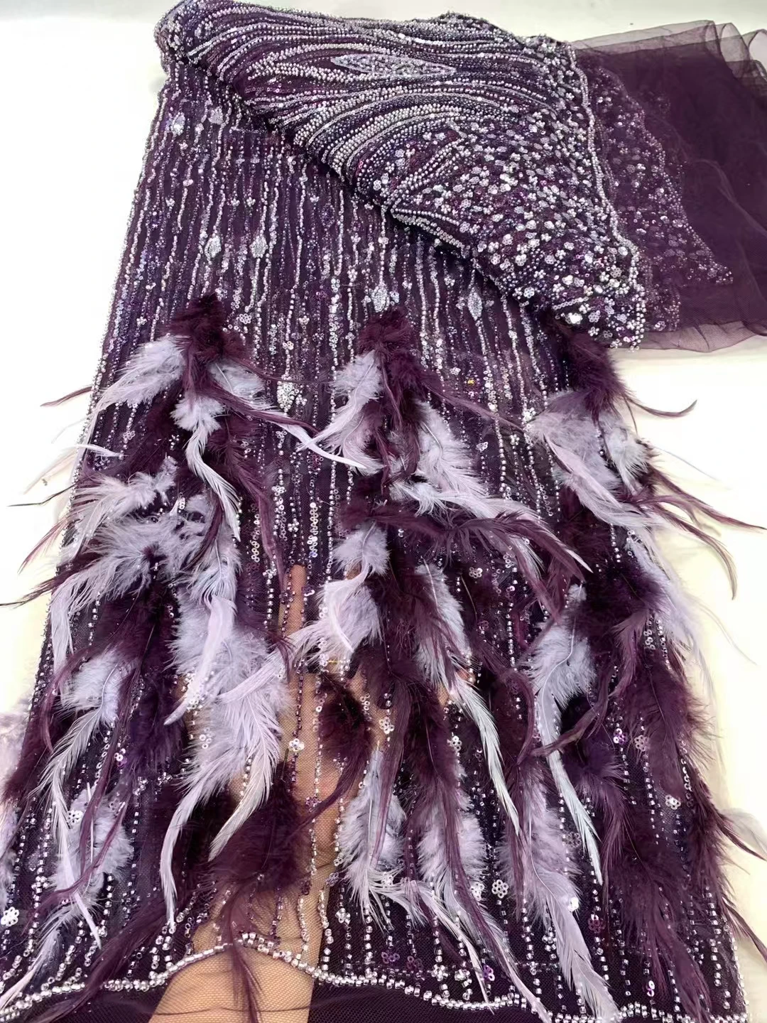 3D кружевная ткань с трехмерной вышивкой перьев Европейское и американское