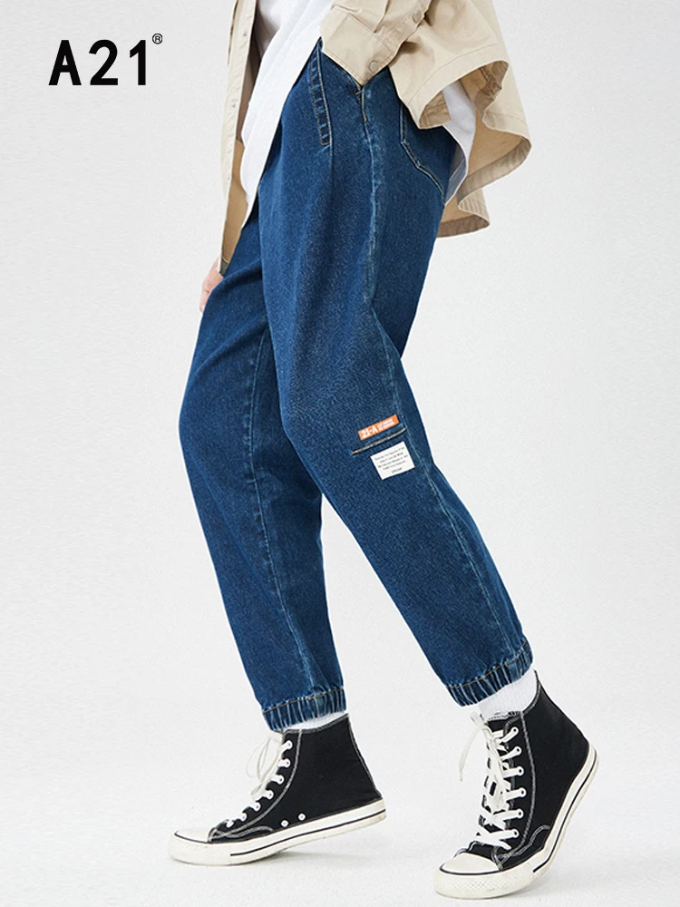 

A21 Men's Casual Baggie Jeans for Spring Summer 2022 Simple Loose Drawstring Denim Pants Male Elastic Trousers Korean Fashion
