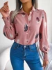 Women Casual Feather Print Collar Long Sleeve Shirt White Pink Blue 4