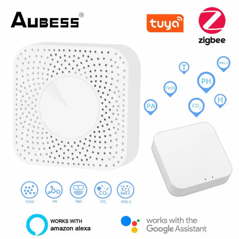 

Датчик температуры и влажности Aubess Tuya Zigbee, умный бордюр PM2.5, формальдегид, CO2, воздушный бокс 6 в 1, детекторы с сигнализацией