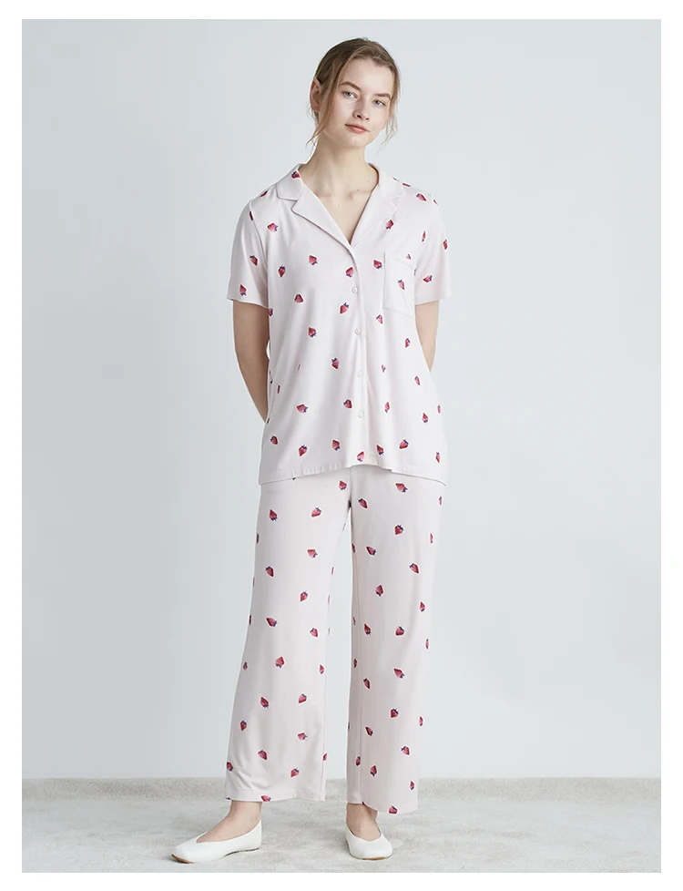 Room Wear Ladies Gelato Pique Summer Short Sleeve Shirt Women's Pajamas Set  Strawberry Printed
