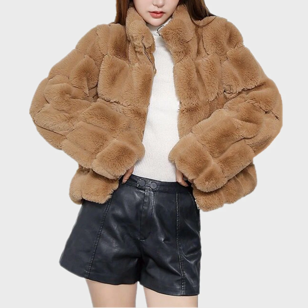 High Quality Women Winter Long Seleve Stand Collar Furry Faux Fur Coats Elegant Thick Warm Outerwear Fake Fur Jacket