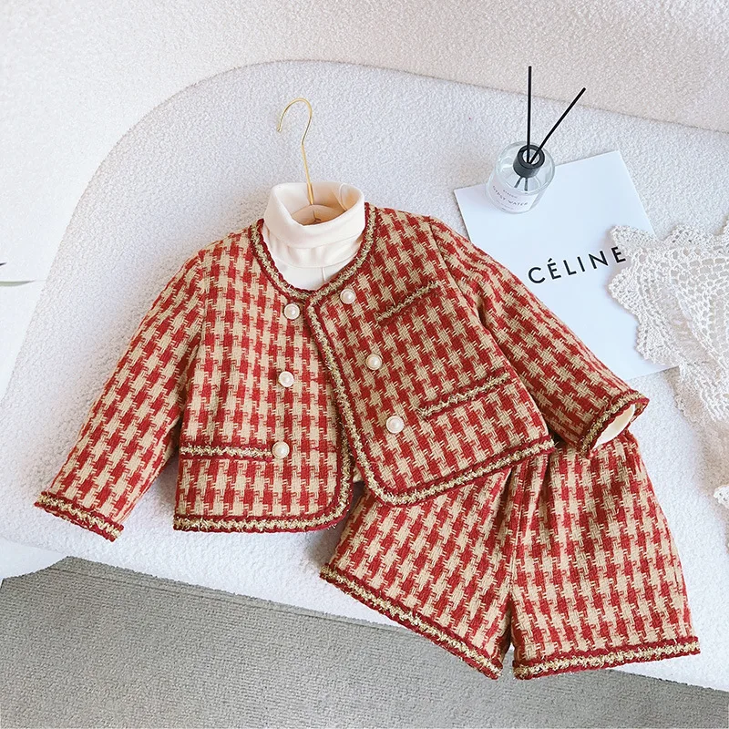 

autumn new baby girls clothes set Thickened cotton jacket+shorts 2pcs 2-8 years kids suit children Toddler outfit fille clothing