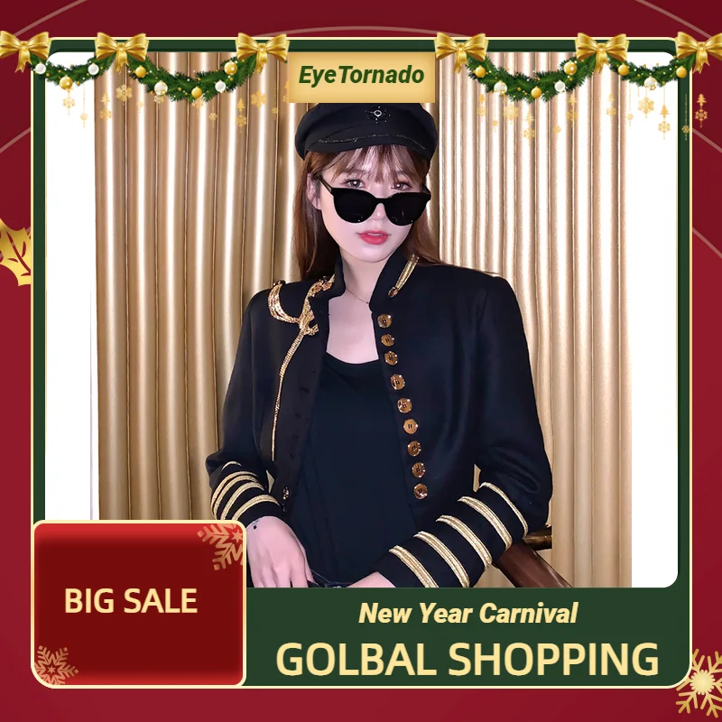 

Black Stand Collar Single Breasted Short Wool Jacket Women Sprng Autumn Golden Button Woolen Pea Coat Winter Outwear