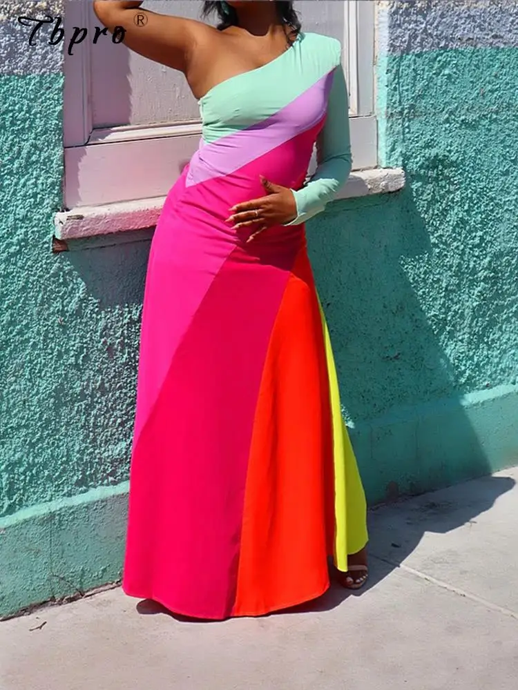 

Women Color Contrast Patchwork One-shoulder Maix Dress Female Elegant Diagonal Neck Dresses Lady Vintage Casual Vestidos 2023