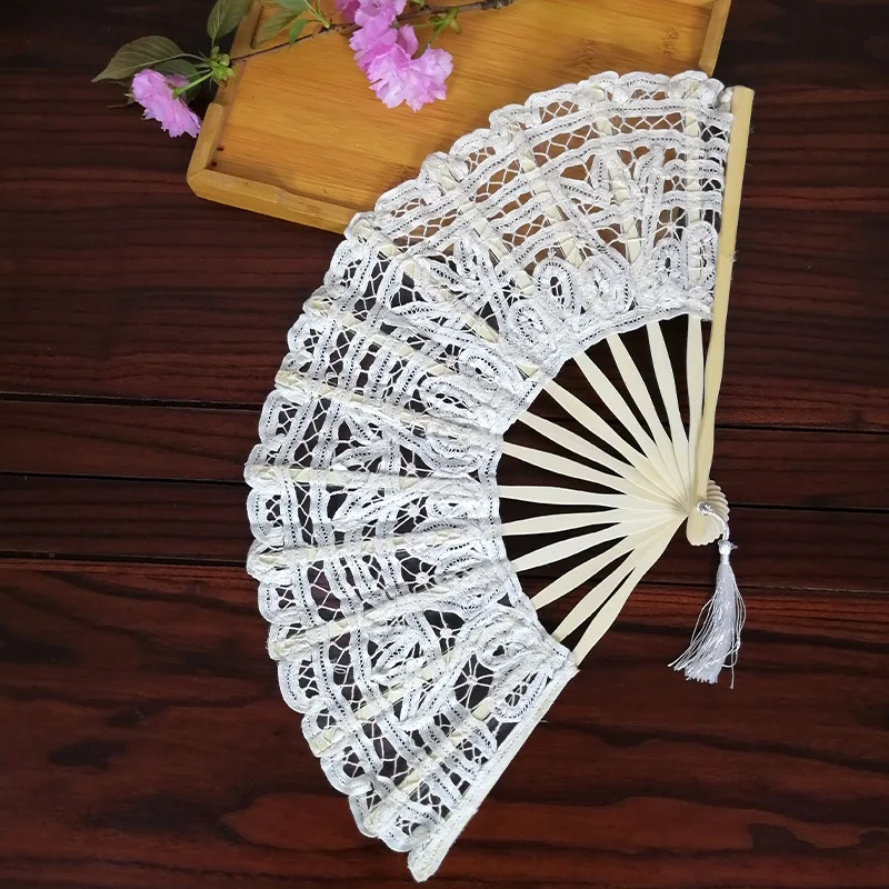 

Wedding Lace Embroidered Folding Fan Handmade Vintage Bamboo Wood Party Hand Fan Art Craft Gift Home Decoration