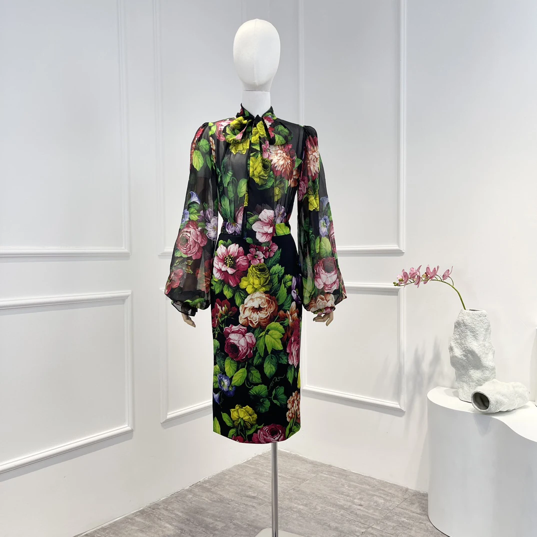 

Женский костюм с винтажным принтом, черная блузка с длинным драпированным рукавом и бантом и атласная юбка-карандаш с высокой талией, 2023