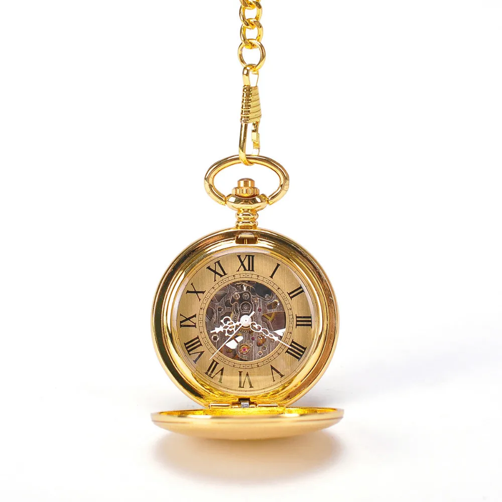 2 Pieces Luxury Vintage Mechanical Pocket Watch for Men Male Engraved Case Roman Numerals Dial Man Fob Chain Man Pendant Clock