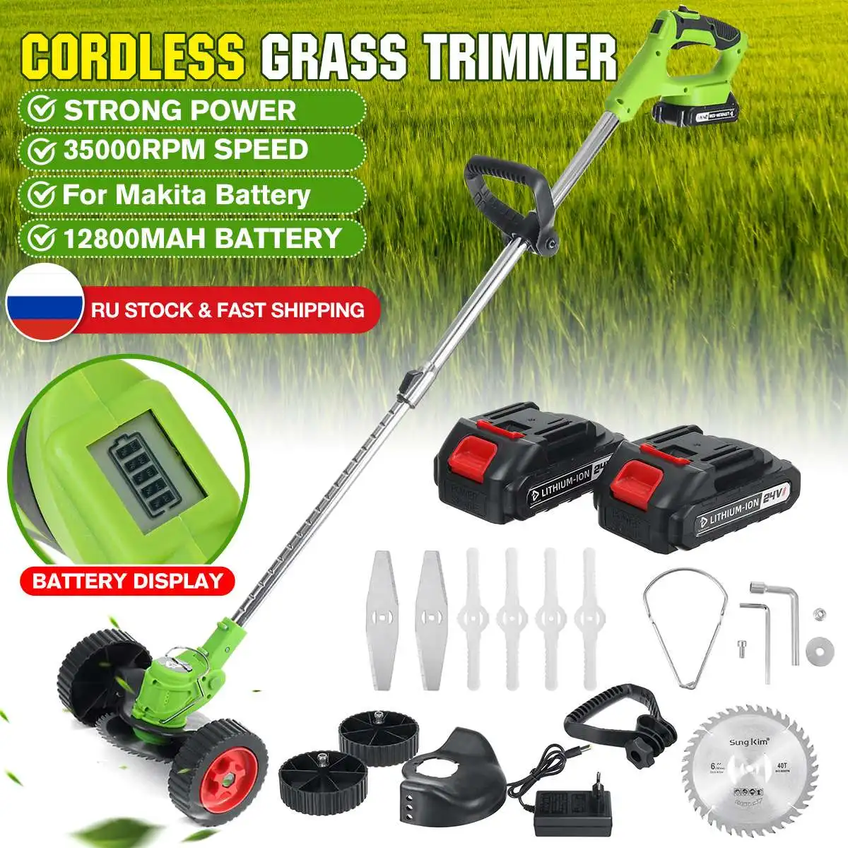 1800W 24V Electric Grass Trimmer LED For Makita Battery Cordless Lawn Mower Garden Pruning Tools LED With 2PC Battery & Wheels