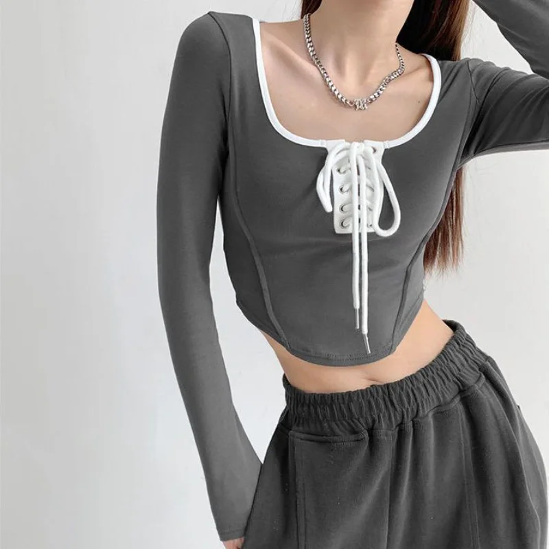 

American Vintage Bandage T-shirts Women Fashion New Square Neck Long Sleeve Tees Spring Autumn New Slim Y2k Crop Tops Woman