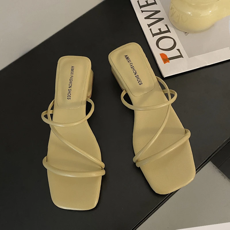 2023 Elegant Slip-On Heels Slippers Summer Vintage Square Heels Thin Strap Sandals For Women Fashion Black White Shoes Lady Hot
