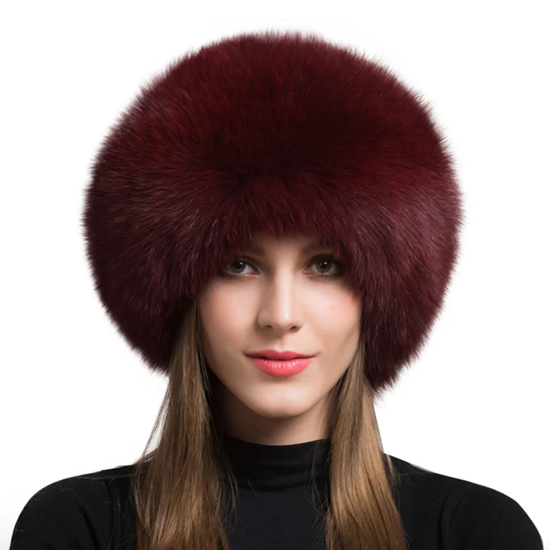 WWomen Fur Hat Real Fox Fur Caps Winter Skiing Caps For Ladies Fashion Winter Ear Flap Hats Real Leather Fur Cap Fluffy Fur Hat