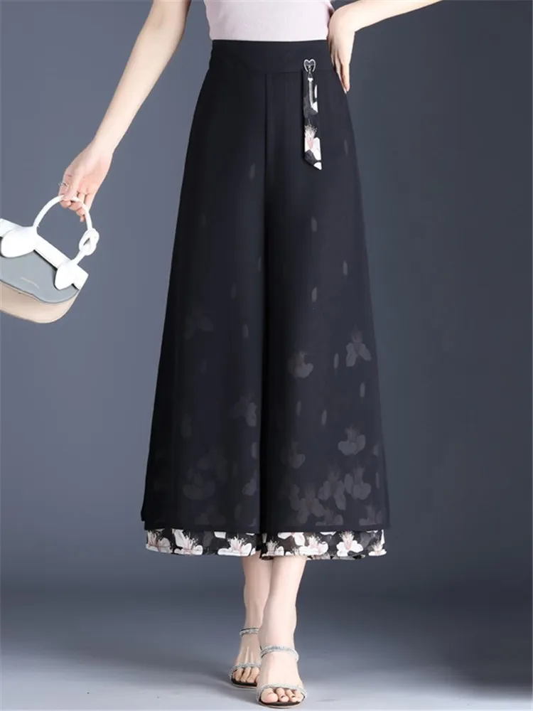 

Woman Pants Skirts Elastic High Waist Vintage Elegant Loose Casual Printing Spliced Ladies Wide Leg Trouser 2022 Summer 4XL Y521