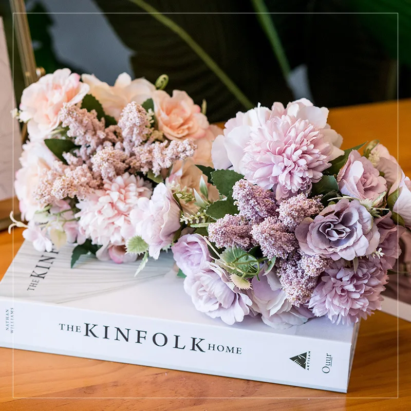 

JOLLYBOOM Pink Rose Peony Hydrangea Artificial Flower Hand Bouquets for Home Decoration Wedding Bride's Bouquet Fake Flower