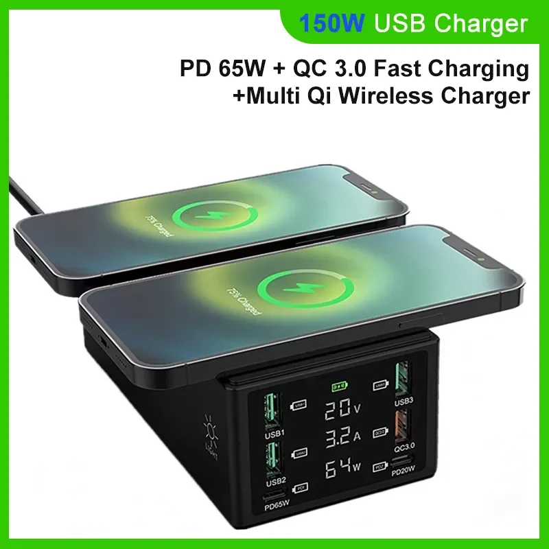 

150W Multi USB Charger Qi Wireless Charger for IPhone 11 12 Pro Max PD 65W QC 3.0 Fast Charging Dock Station for Macbook Air Pro