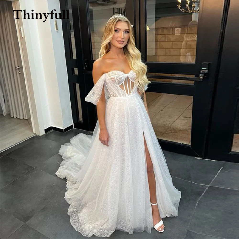 

Женское атласное свадебное платье Thinyfull, элегантное платье трапециевидной формы с длинным рукавом и лифом, свадебное платье принцессы в сти...