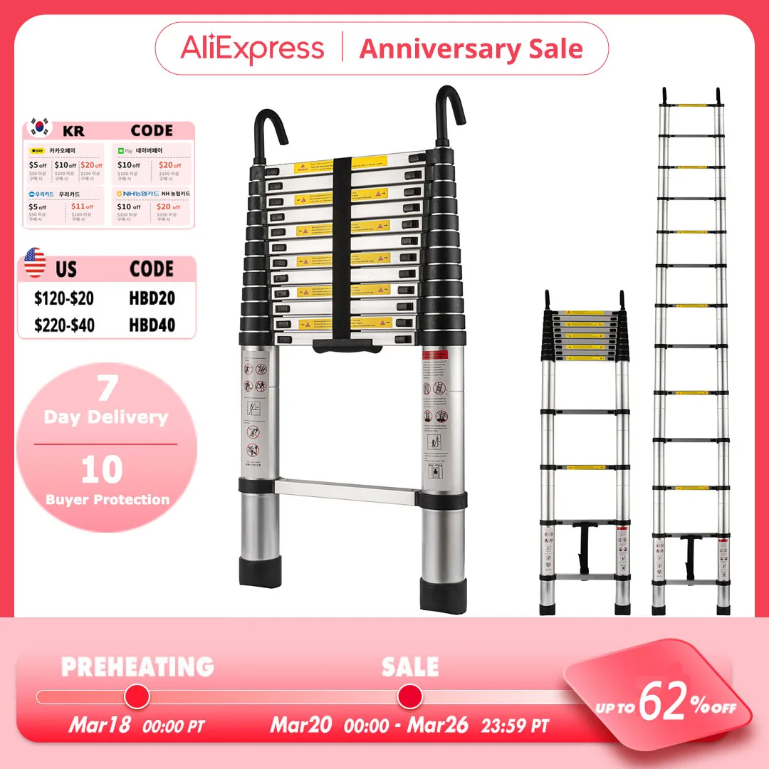 Aluminum Telescopic Ladder 3.8/4.7M Foldable Non-slip Extension Stairs Straight Ladder Industrial Household Folding Alloy Ladder