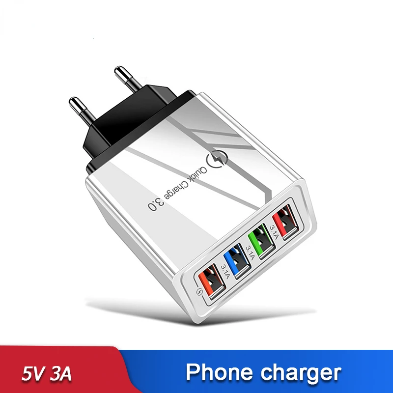 

4 3 Port Mobile Phone Chargers 5V 3A Usb Charger EU Plug Power Adapter for Iphone 11 Pro Max Samsung Note 10 Plus Oneplus 8