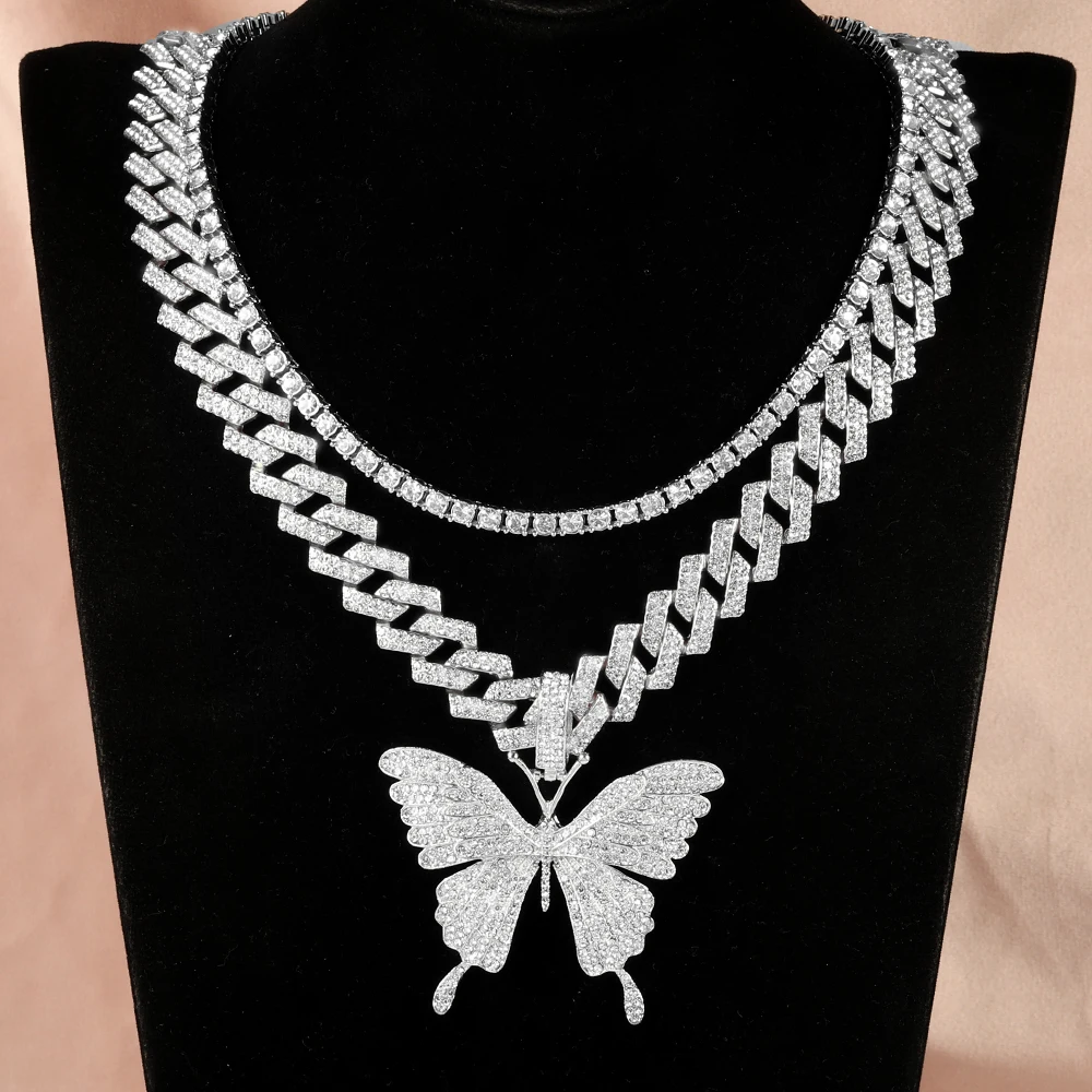 Кубинское ожерелье с бабочкой в стиле хип-хоп панк + теннисная цепочка Iced Out