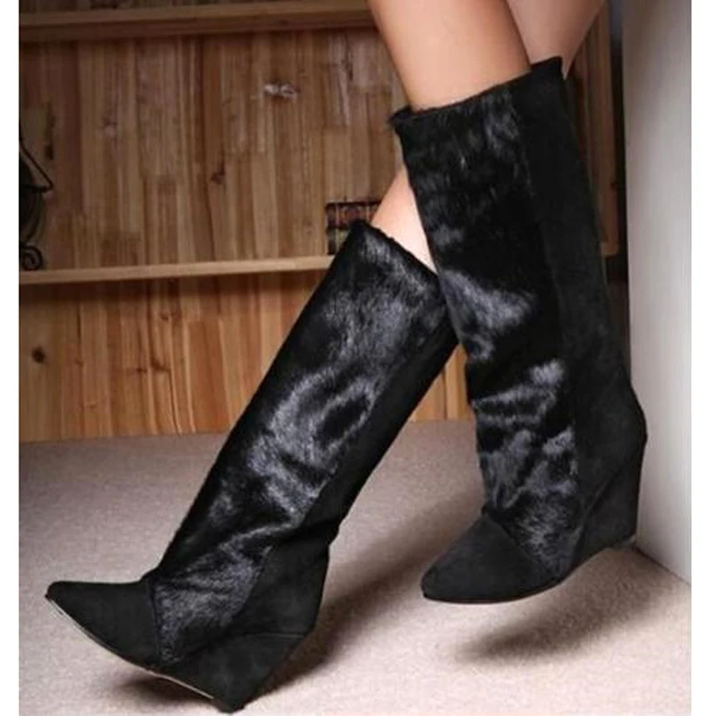 Fashion Patchwork Horse Hair Hidden Wedge Knee Boots Pointy Toe Slip On  Women knight Botas Mujer Black Horsehair Long Boots